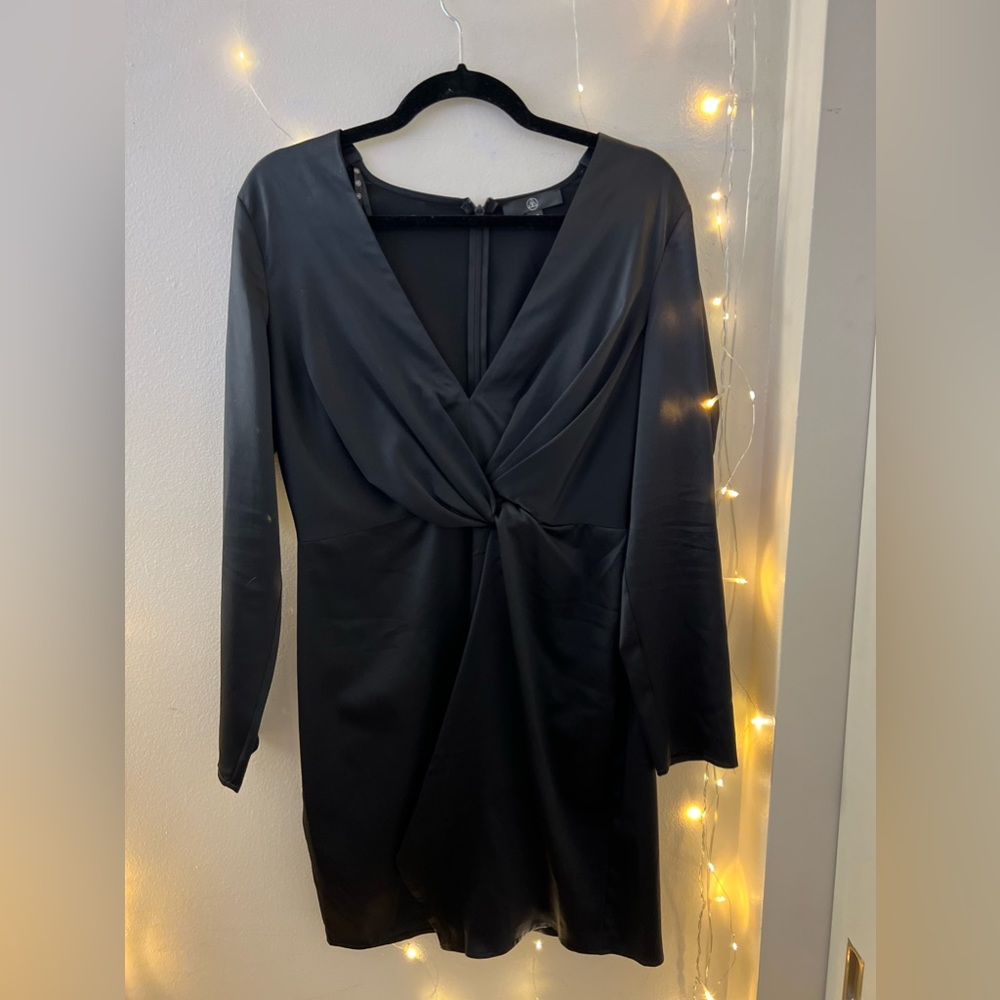 Front twist mini black satin dress